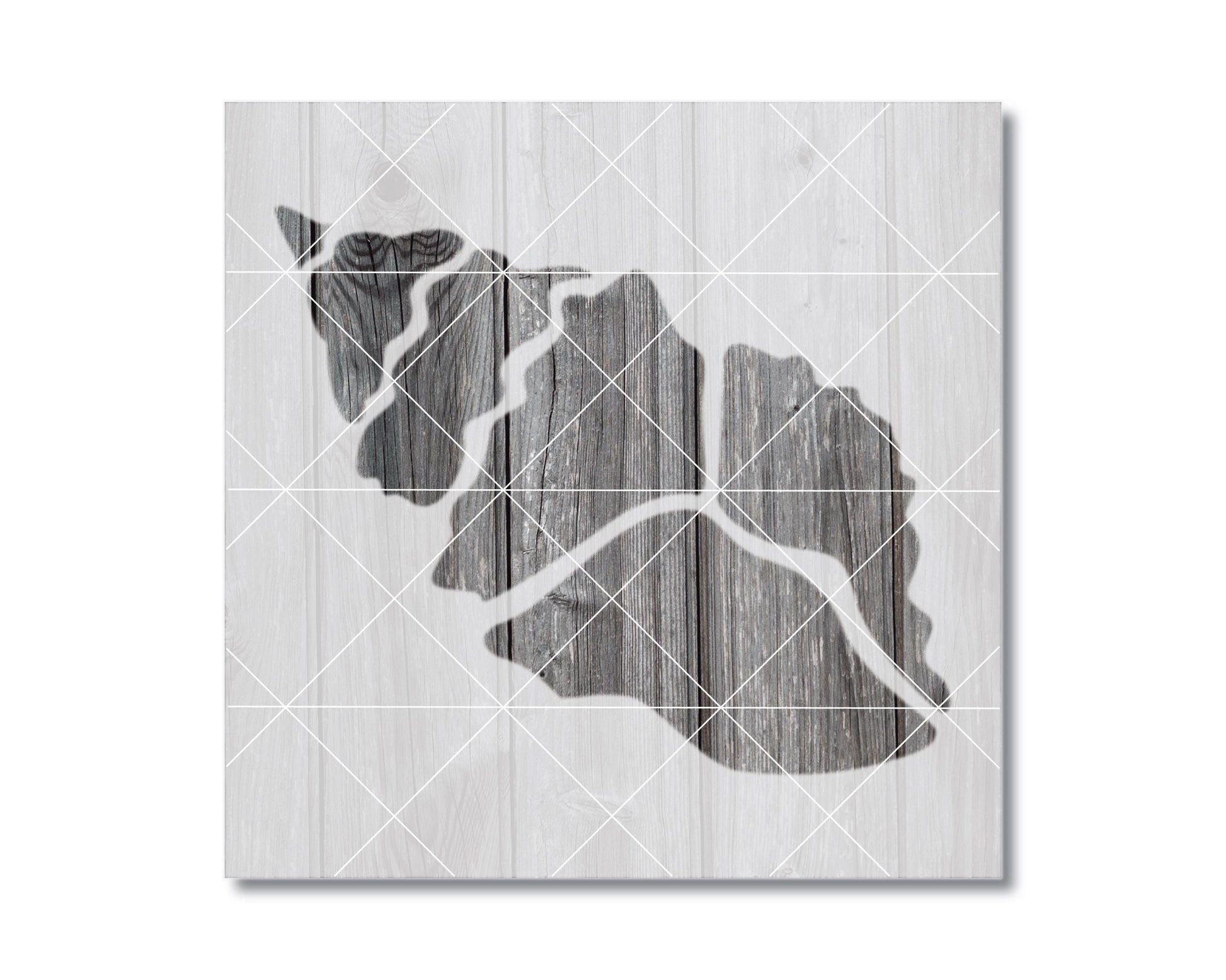 The image is a black and white photograph of a wooden texture, with a grid overlay.