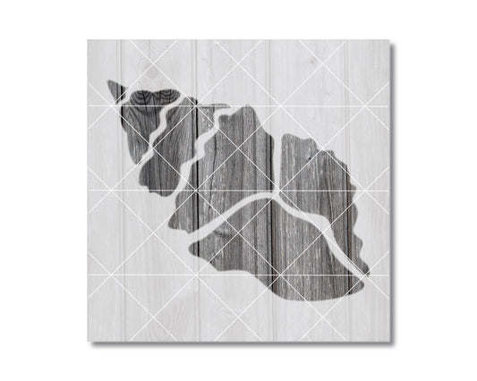 The image is a black and white photograph of a wooden texture, with a grid overlay.