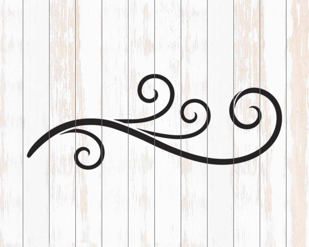 A black and white illustration of a swirling, curling design on a white wooden background.
