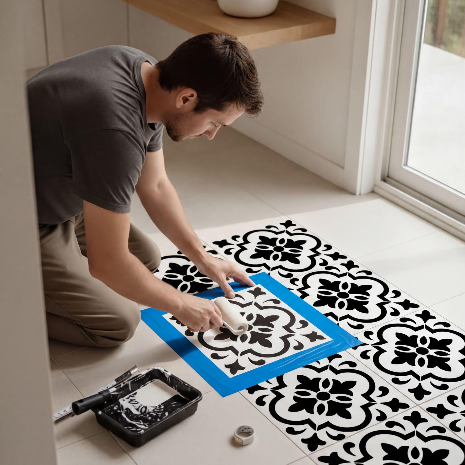 A man is kneeling on the floor, working on a blue and black patterned tile using a tool, likely a tile cutter or a tile adhesive.
