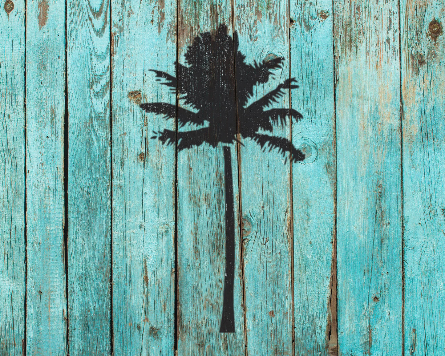 a silhouette of a palm tree against a blue wooden background.