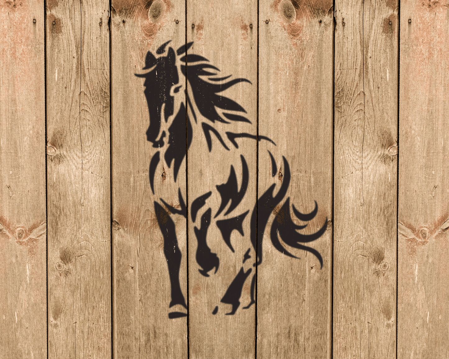 a stylized silhouette of a horse against a wooden background.