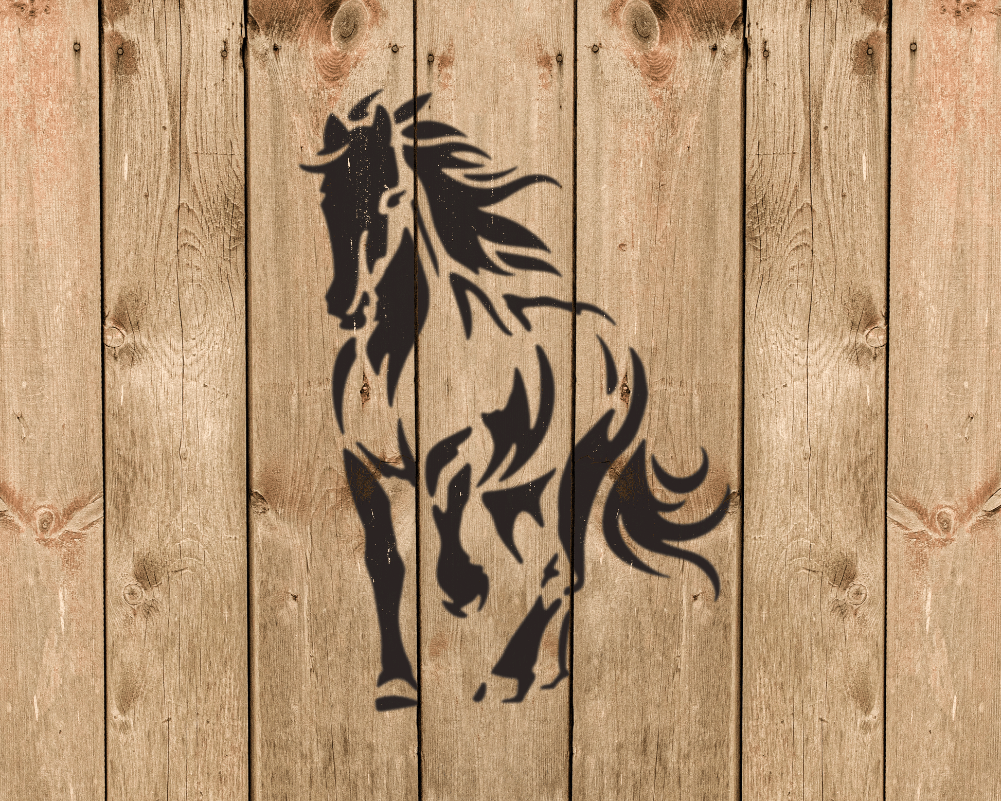 a stylized silhouette of a horse against a wooden background.