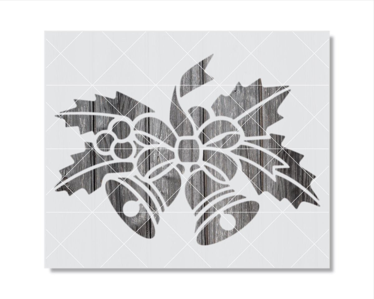 A black and white image depicting a stylized Christmas tree or ornament with a bow and bells.