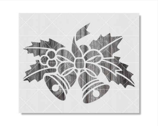 A black and white image depicting a stylized Christmas tree or ornament with a bow and bells.