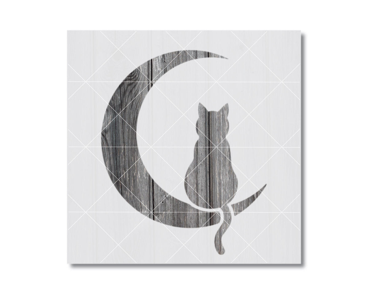 A silhouette of a cat sitting on a crescent moon.