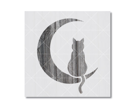 A silhouette of a cat sitting on a crescent moon.
