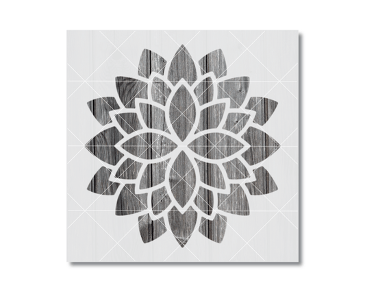 a black and white design of a flower-like shape with a wooden texture.
