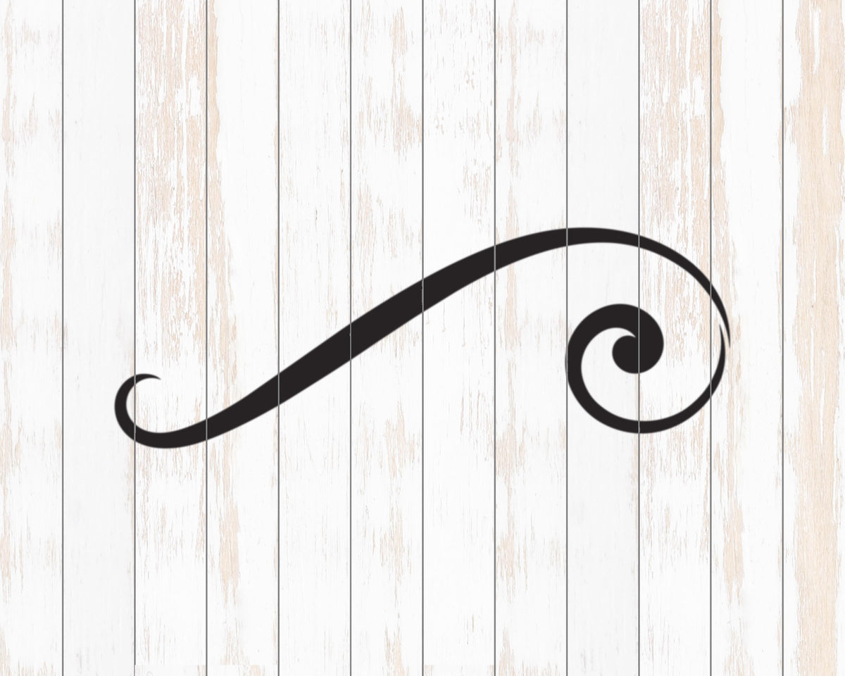 A black swirl design is displayed against a white wooden background.