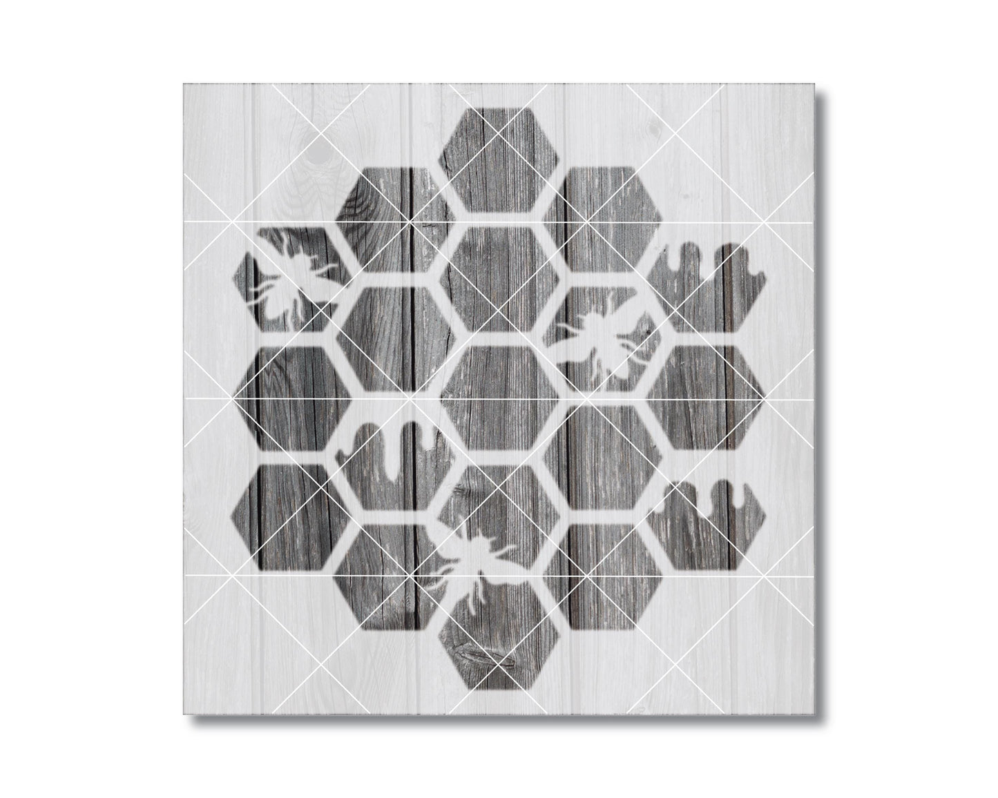 The image is a black and white graphic design featuring a honeycomb pattern composed of hexagons.