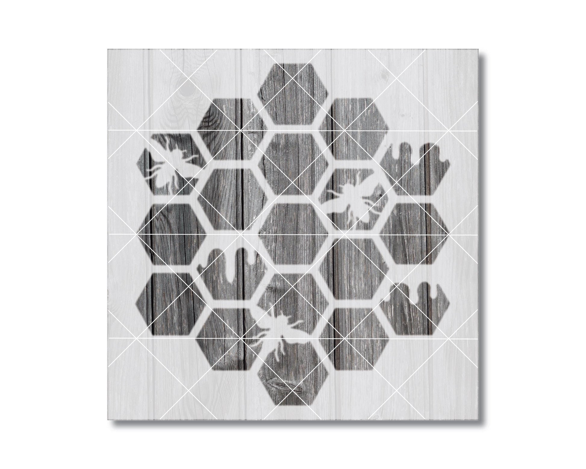 The image is a black and white graphic design featuring a honeycomb pattern composed of hexagons.