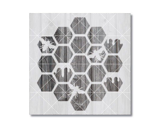 The image is a black and white graphic design featuring a honeycomb pattern composed of hexagons.