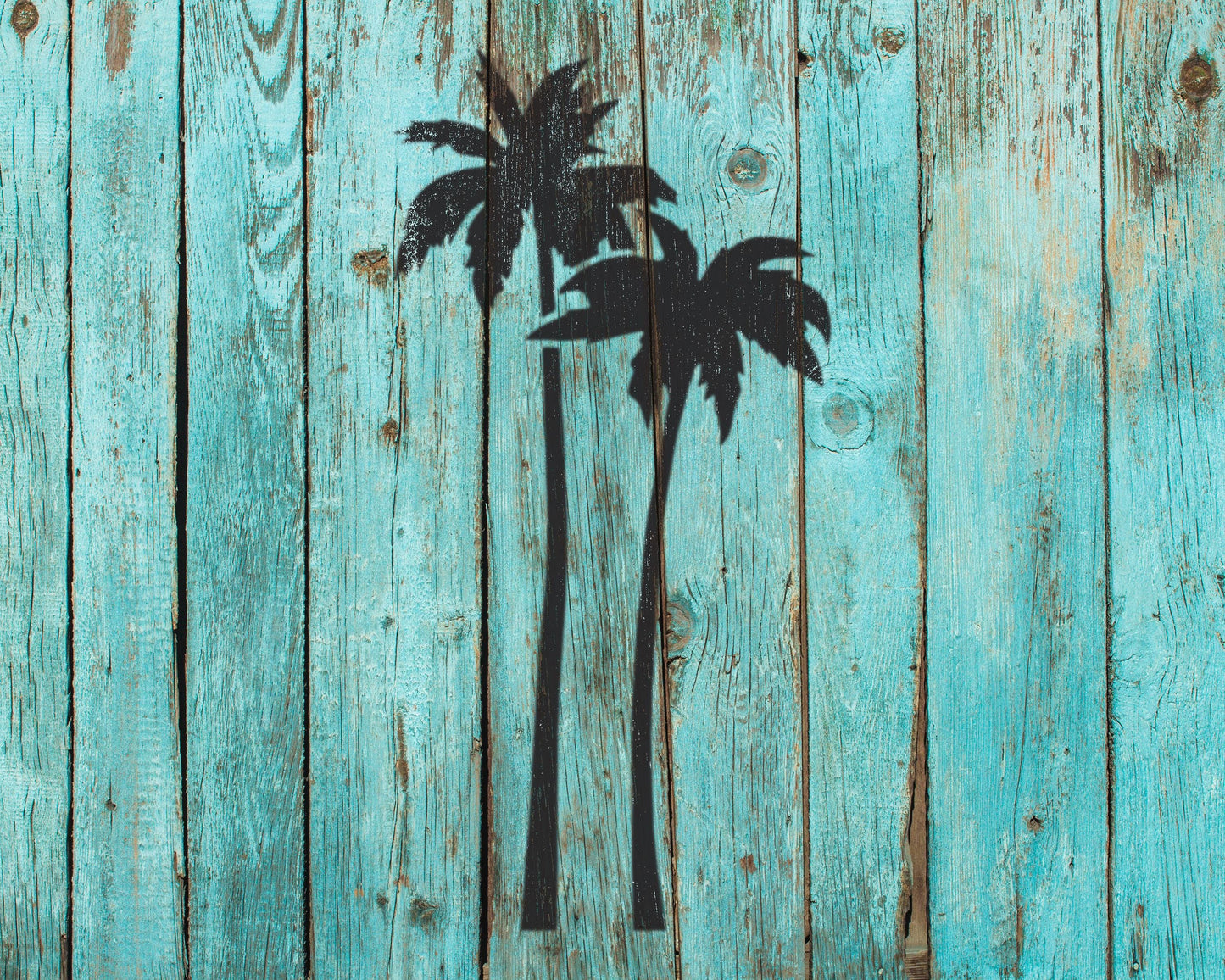 two silhouetted palm trees against a blue wooden background.