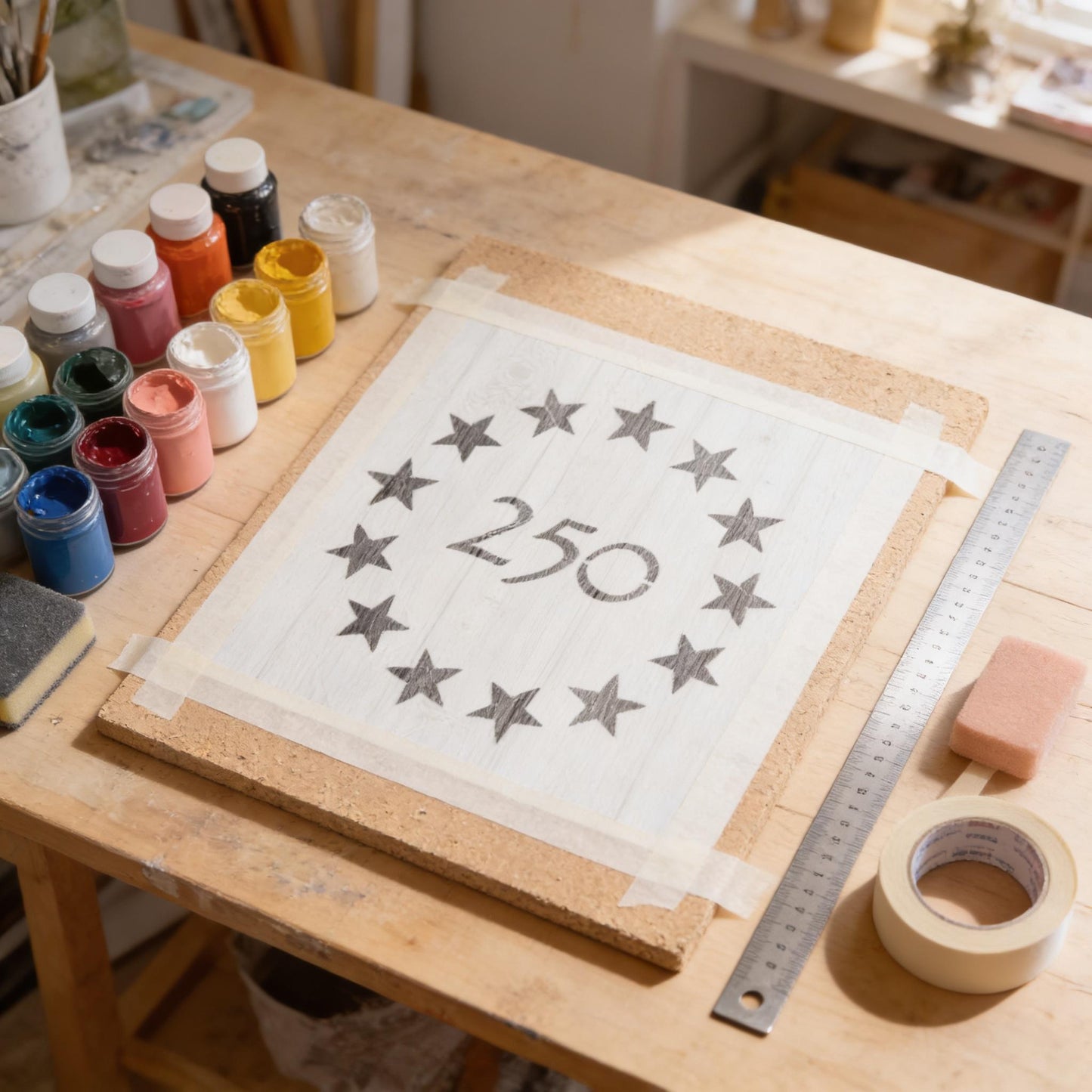 a workspace with various art supplies, including paint bottles and a ruler, as well as a piece of paper with a star-patterned design and the number "250" printed on it.