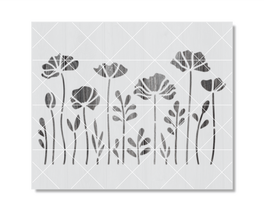 a black and white illustration of stylized flowers and leaves.