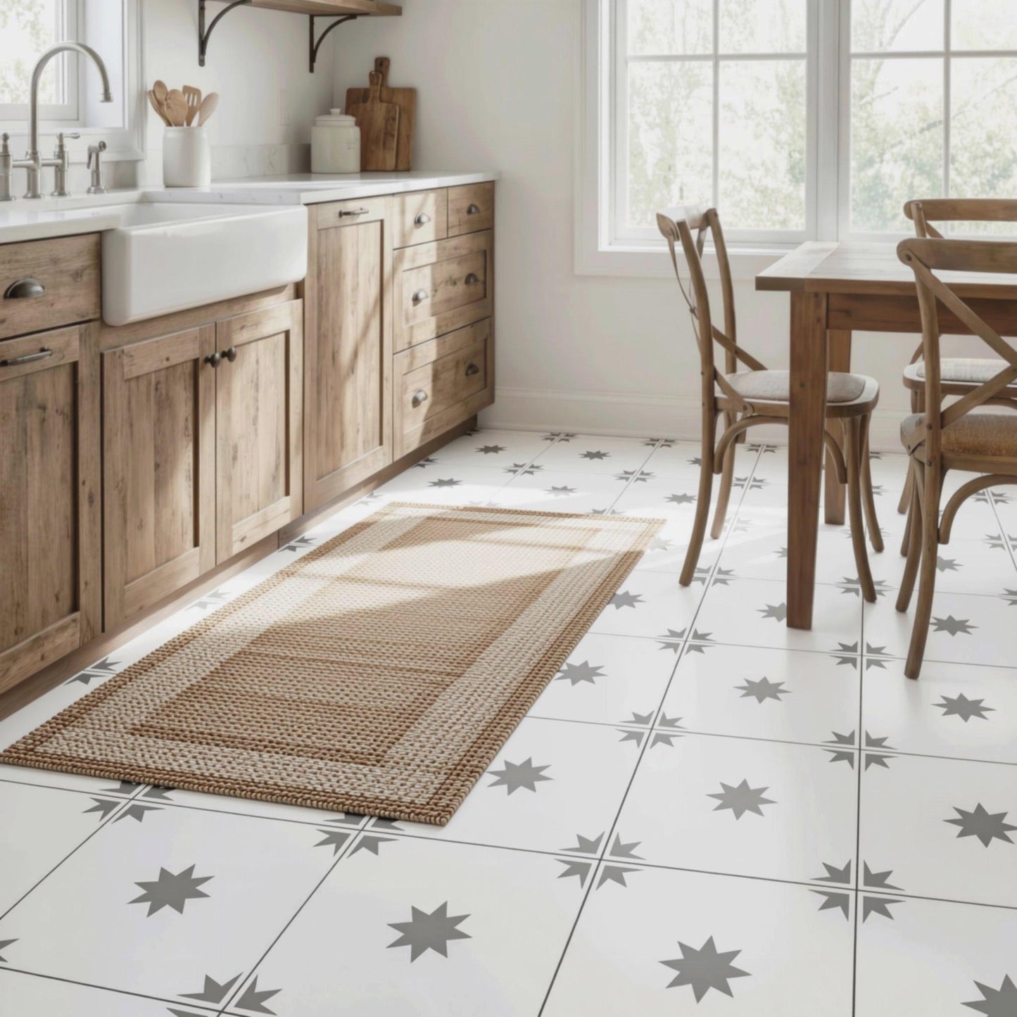 a modern kitchen with a white tile floor featuring a star-shaped pattern. The kitchen is equipped with wooden cabinets and a sink, and there is a rug on the floor.