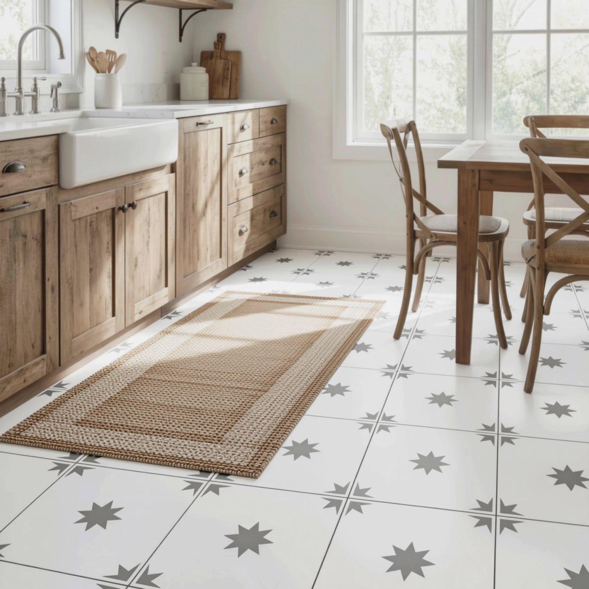 a modern kitchen with a white tile floor featuring a star-shaped pattern. The kitchen is equipped with wooden cabinets and a sink, and there is a rug on the floor.