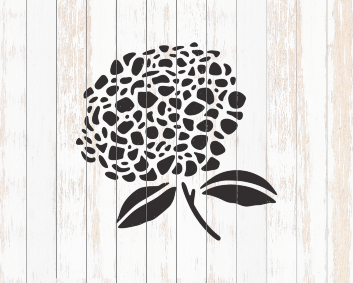 A black and white silhouette of a flower with a pattern of small black dots, resembling a hydrangea or similar type of flower.