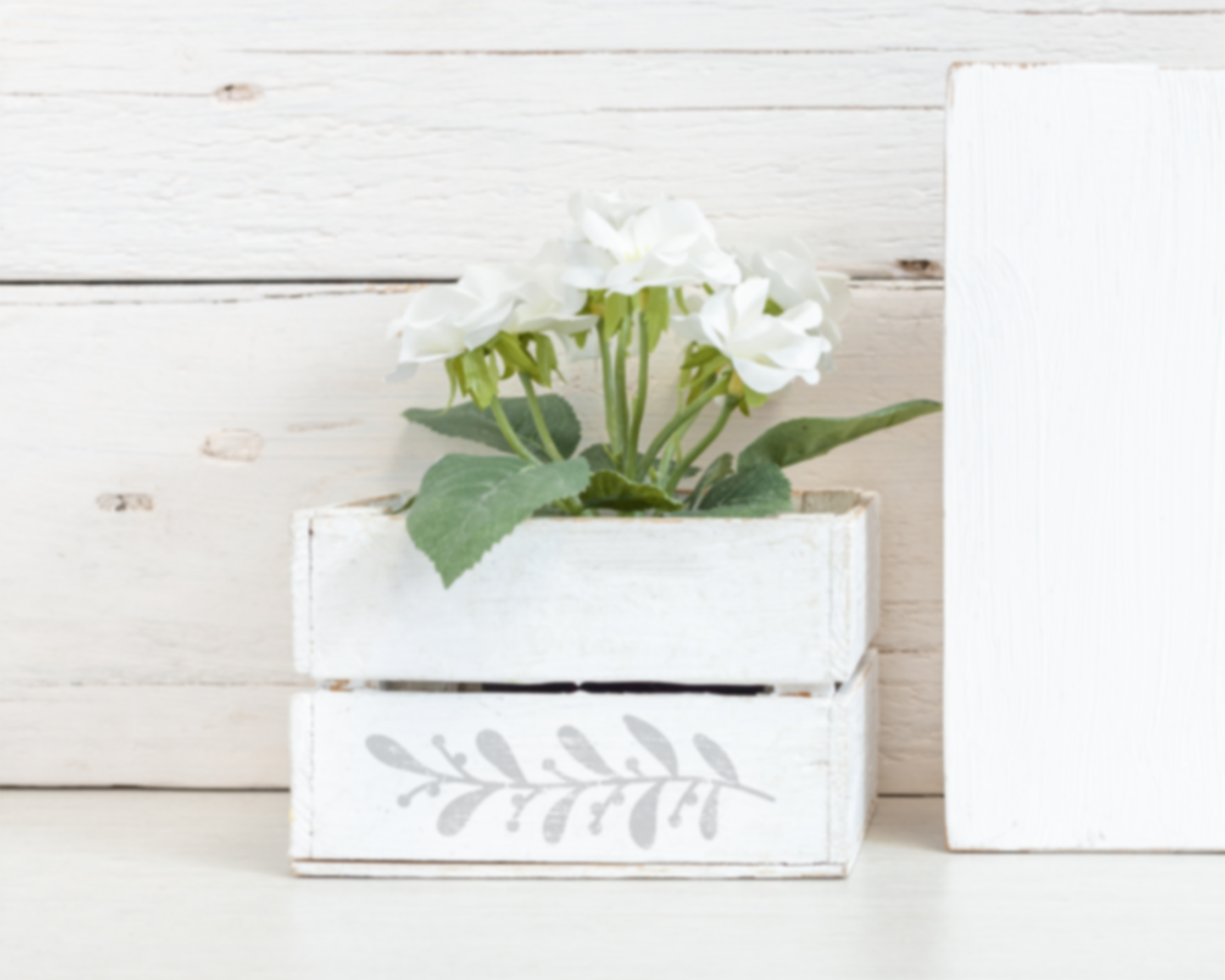 A white wooden crate with a decorative leaf design sits on a white surface, holding a bouquet of white flowers.