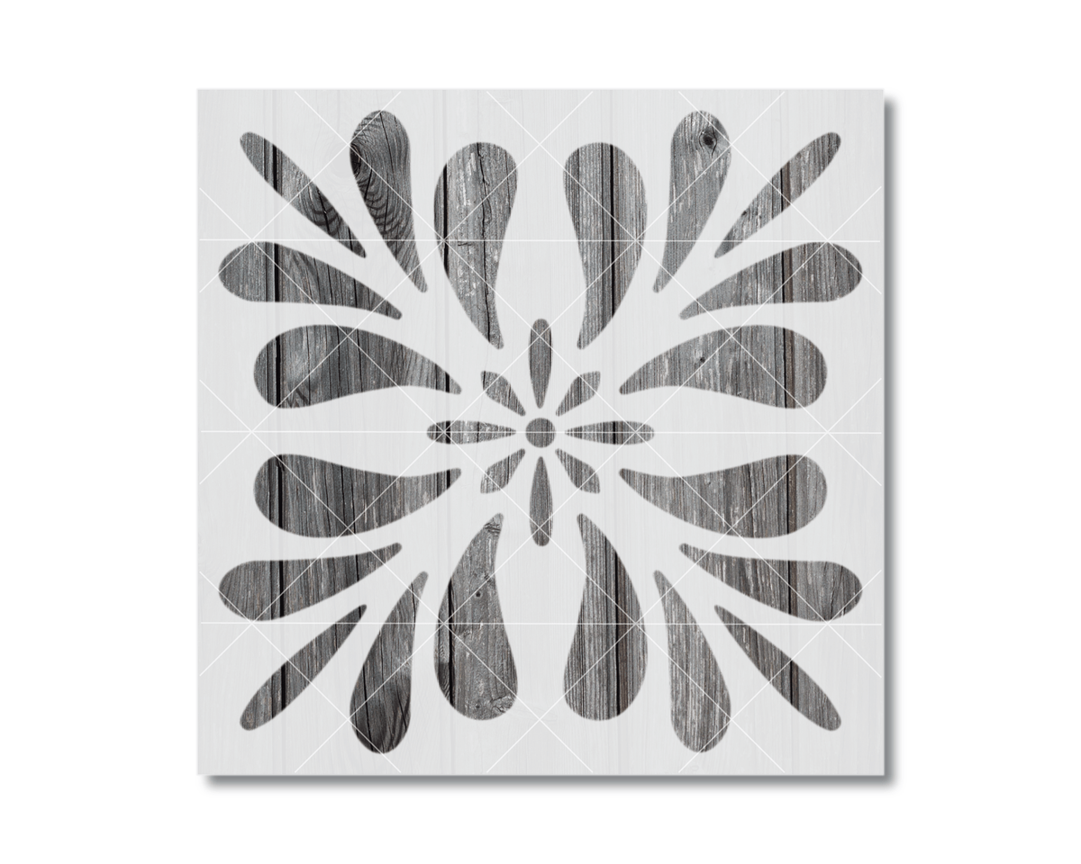 a symmetrical design with a repeating pattern of wooden shapes, including a flower-like motif, arranged in a square format.
