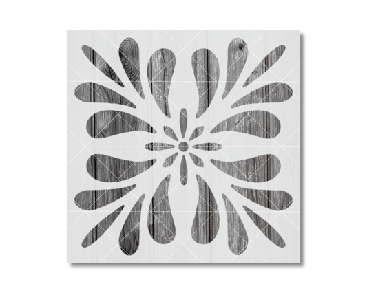 a symmetrical design with a repeating pattern of wooden shapes, including a flower-like motif, arranged in a square format.