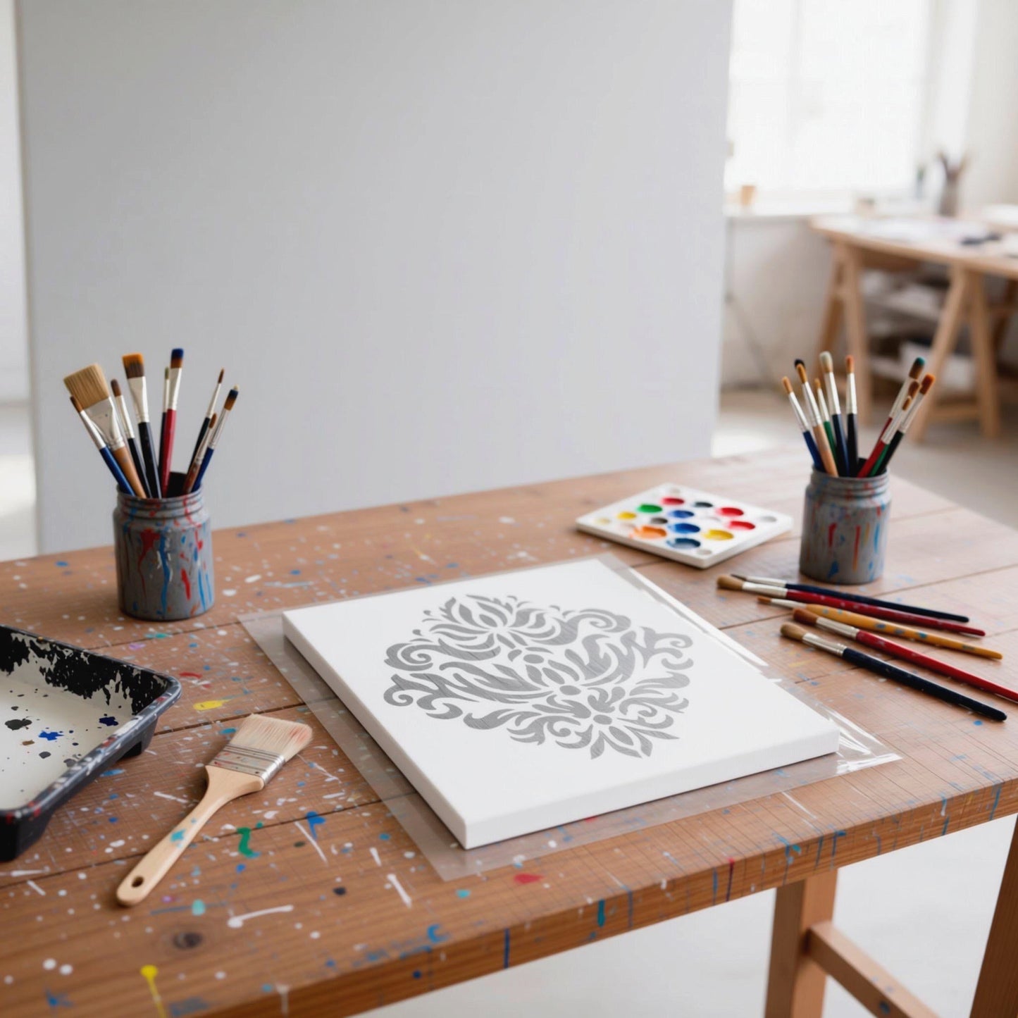 an art studio with a wooden table covered in various art supplies, including paintbrushes, paint cans, and a canvas with a floral design.