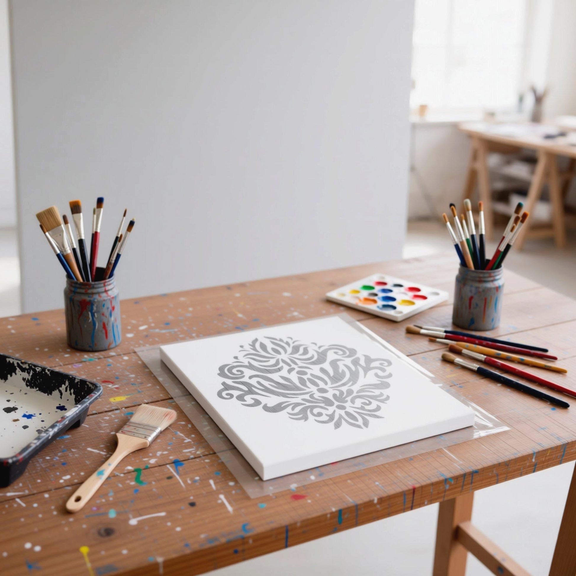 an art studio with a wooden table covered in various art supplies, including paintbrushes, paint cans, and a canvas with a floral design.