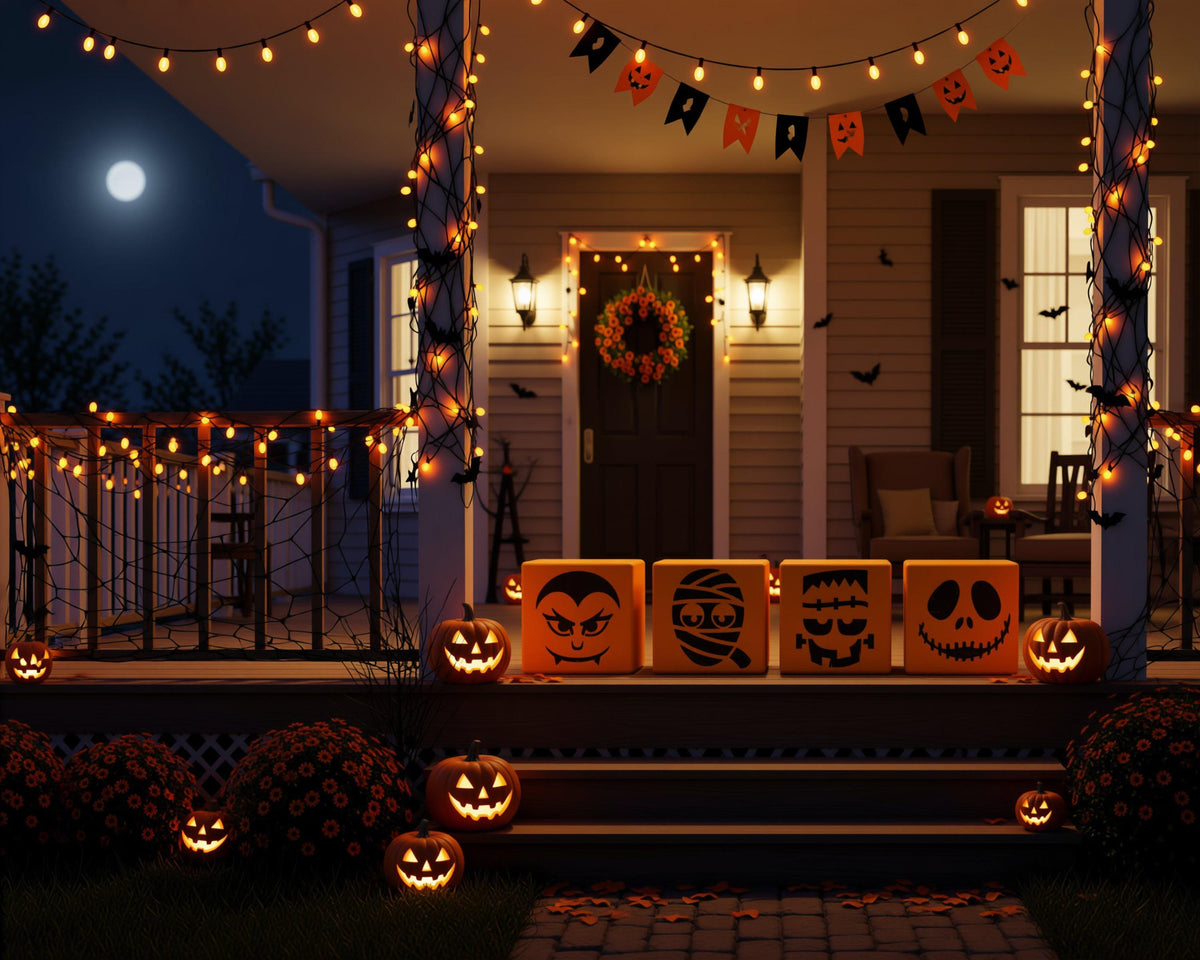 a Halloween-themed porch decorated with jack-o-lanterns, spiderwebs, and other spooky elements. The porch is illuminated by string lights and has a wreath hanging on the door. The scene is set against a dark night sky with a full moon visible in the background.