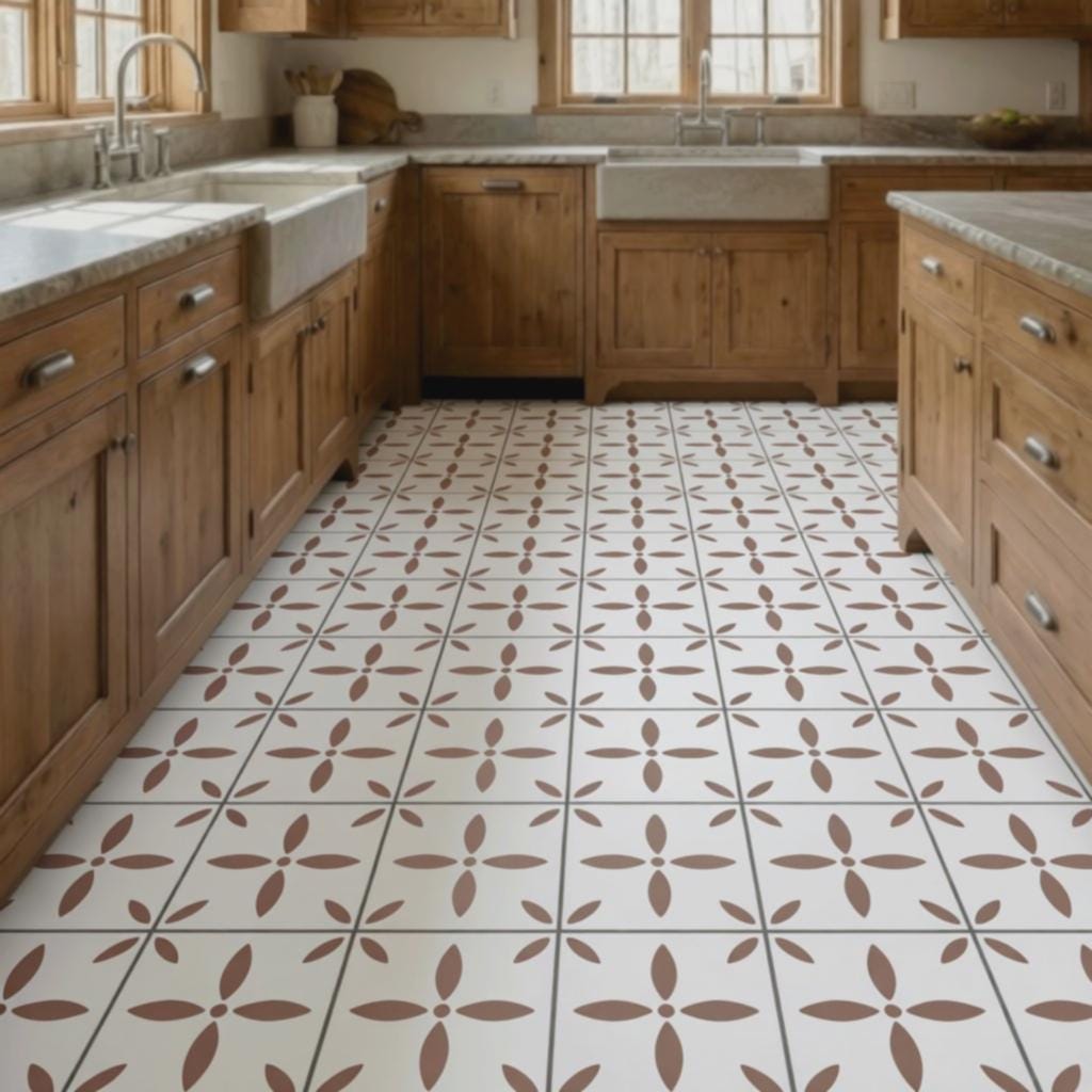 a kitchen with wooden cabinets, a white tile floor featuring a floral pattern, and a sink.