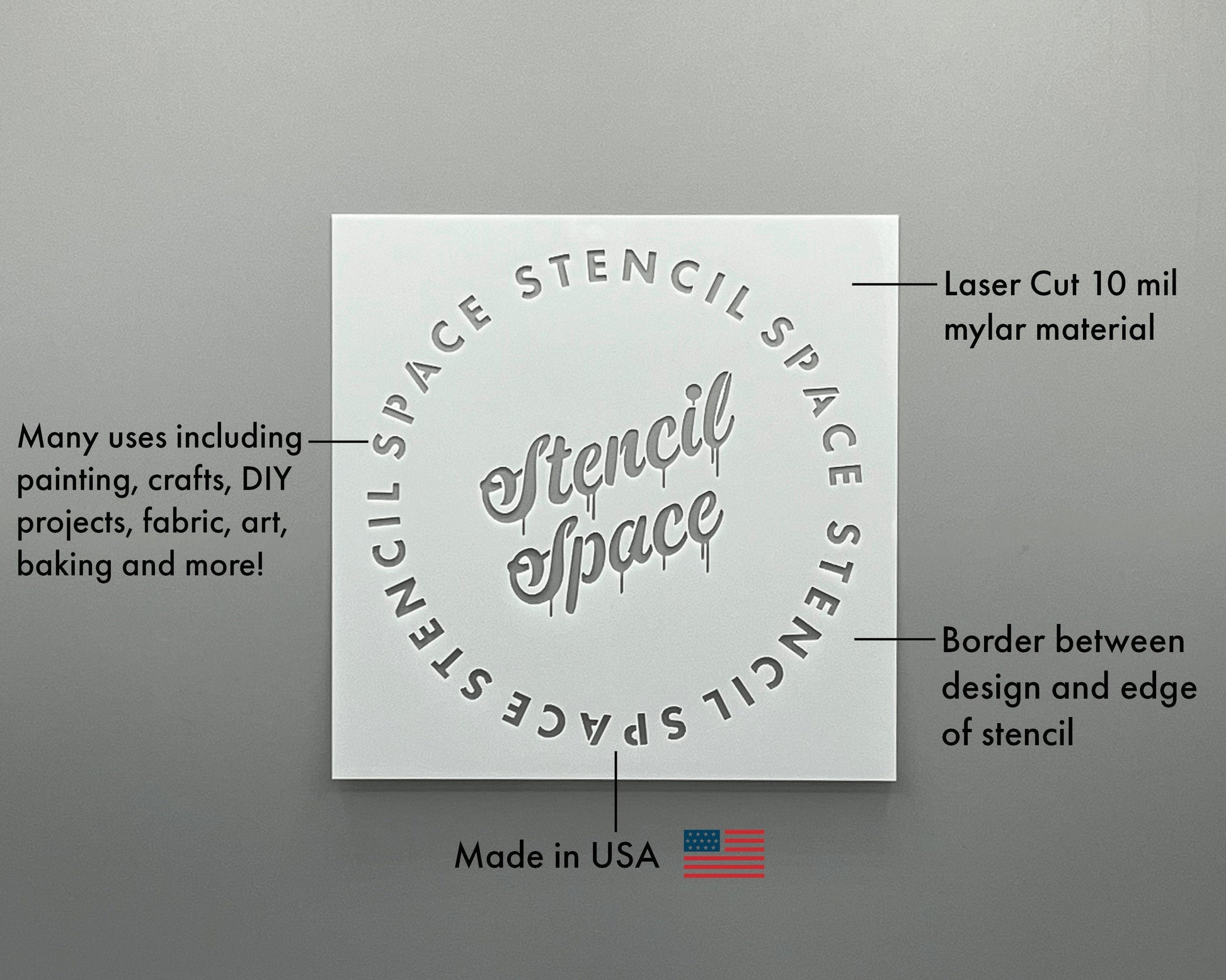 a stencil that is used for various purposes, such as painting, crafts, DIY projects, and more. The stencil is made in the USA and has a border between the design and the edge of the stencil. The image also includes a description of the stencil, highlighting its features and uses.