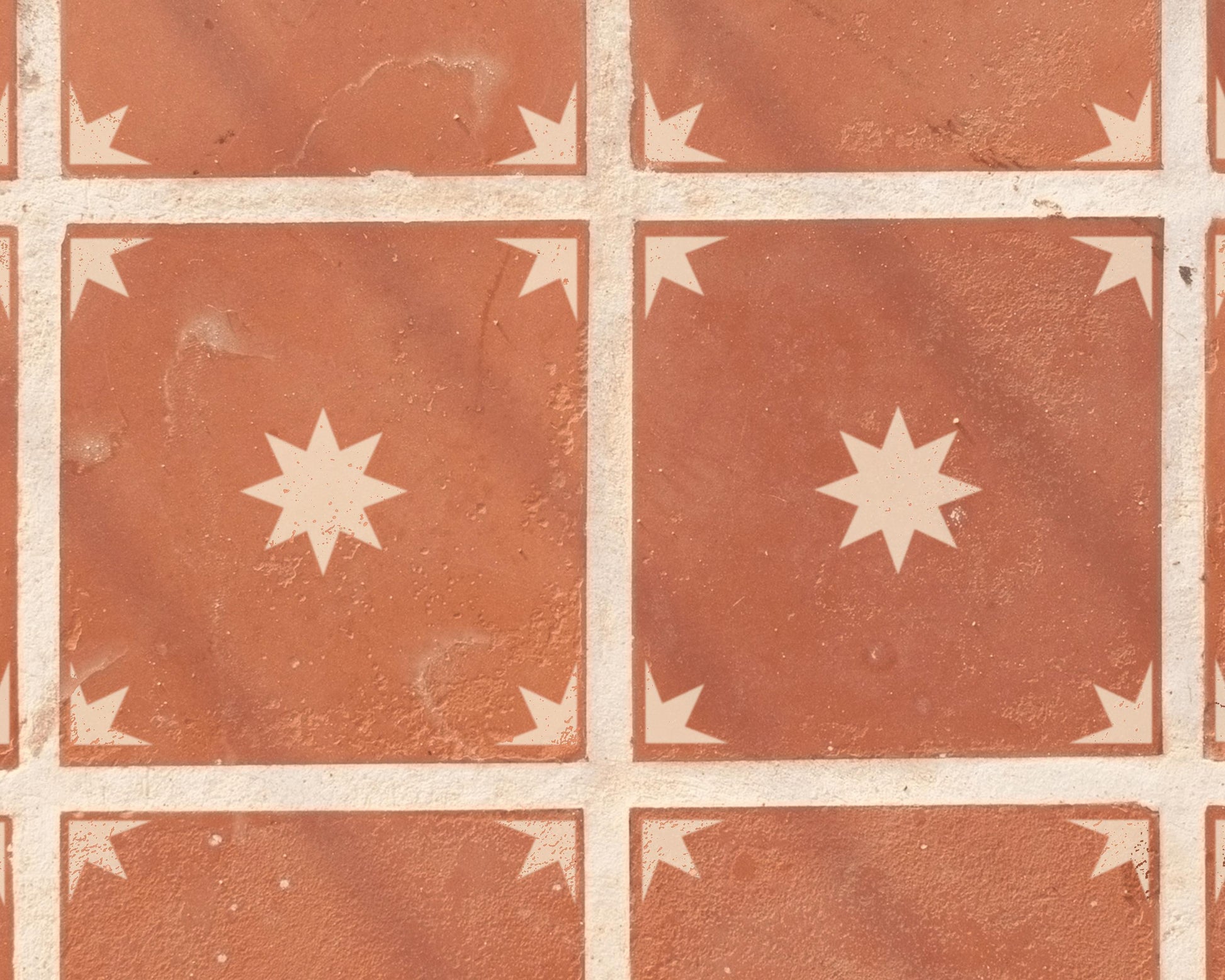 a close-up view of a tiled floor with a repeating pattern of white star-shaped designs.