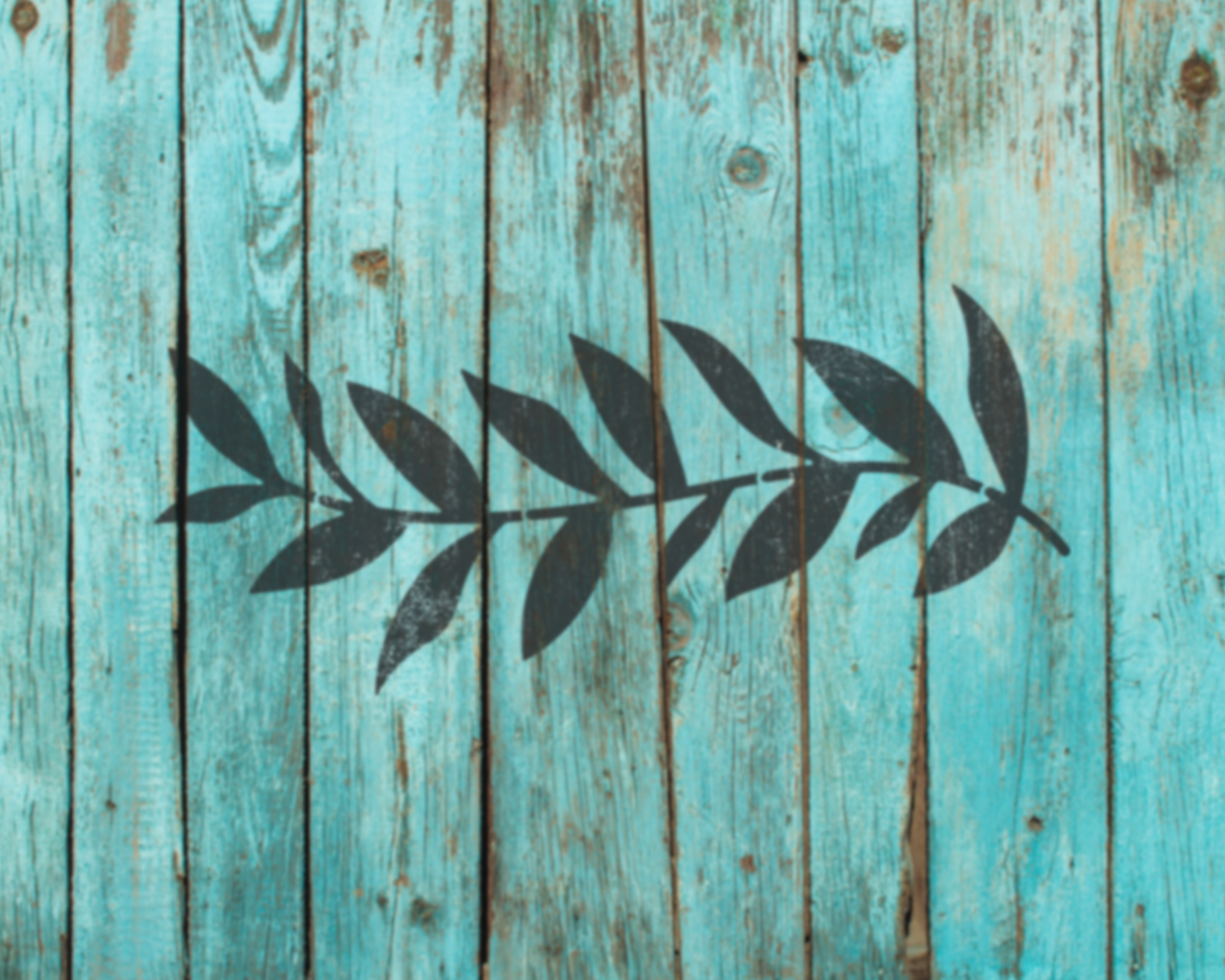 a close-up view of a weathered wooden surface with a blue-green hue. There is a black silhouette of a leaf-like shape or design, which appears to be a stylized representation of a leaf or branch.