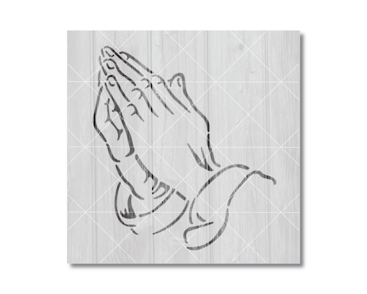 A simple black and white line drawing of two praying hands.