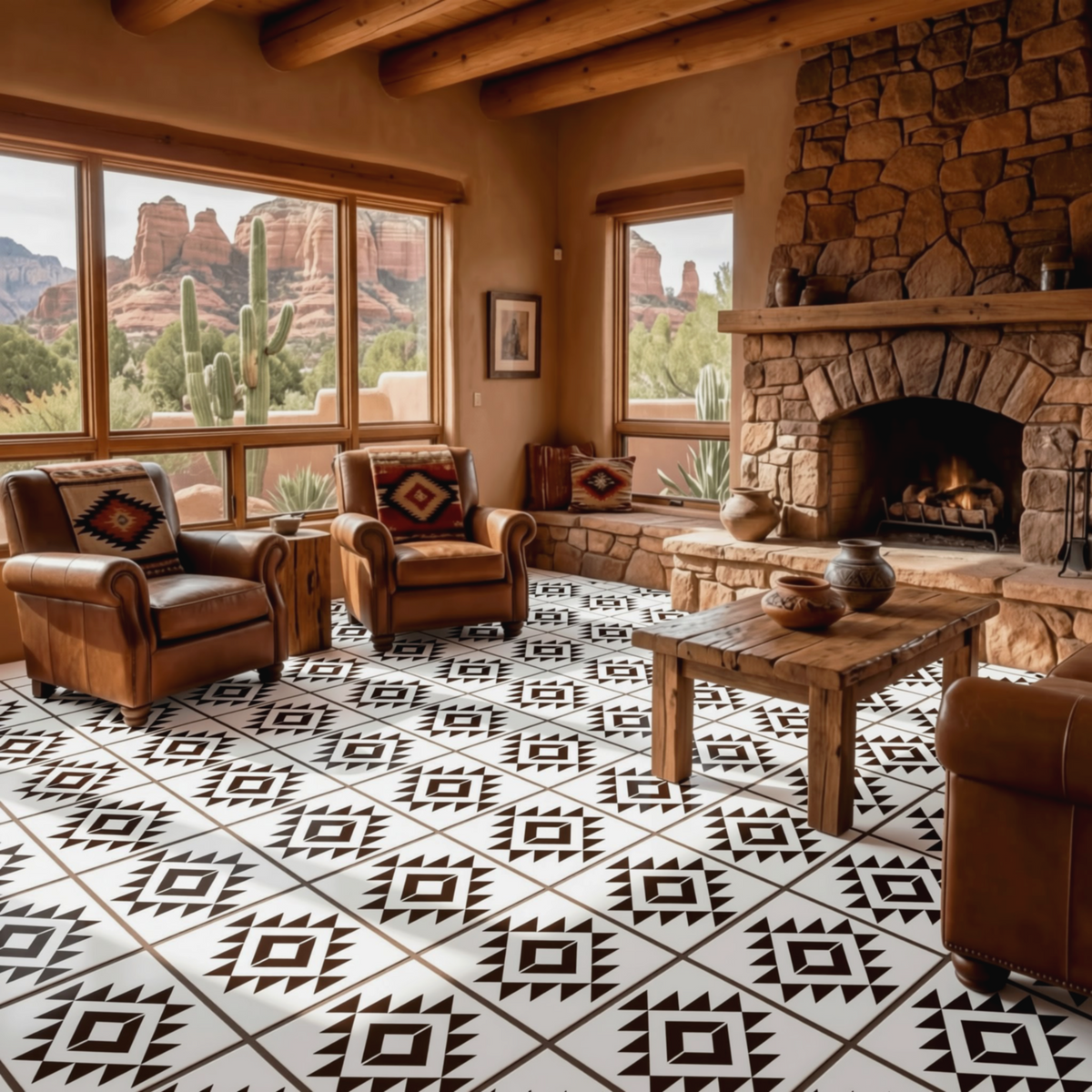 a cozy living room with a stone fireplace, a large window offering a scenic view of a desert landscape, and a patterned tile floor. The room is furnished with two leather armchairs and a wooden coffee table, creating a warm and inviting atmosphere.