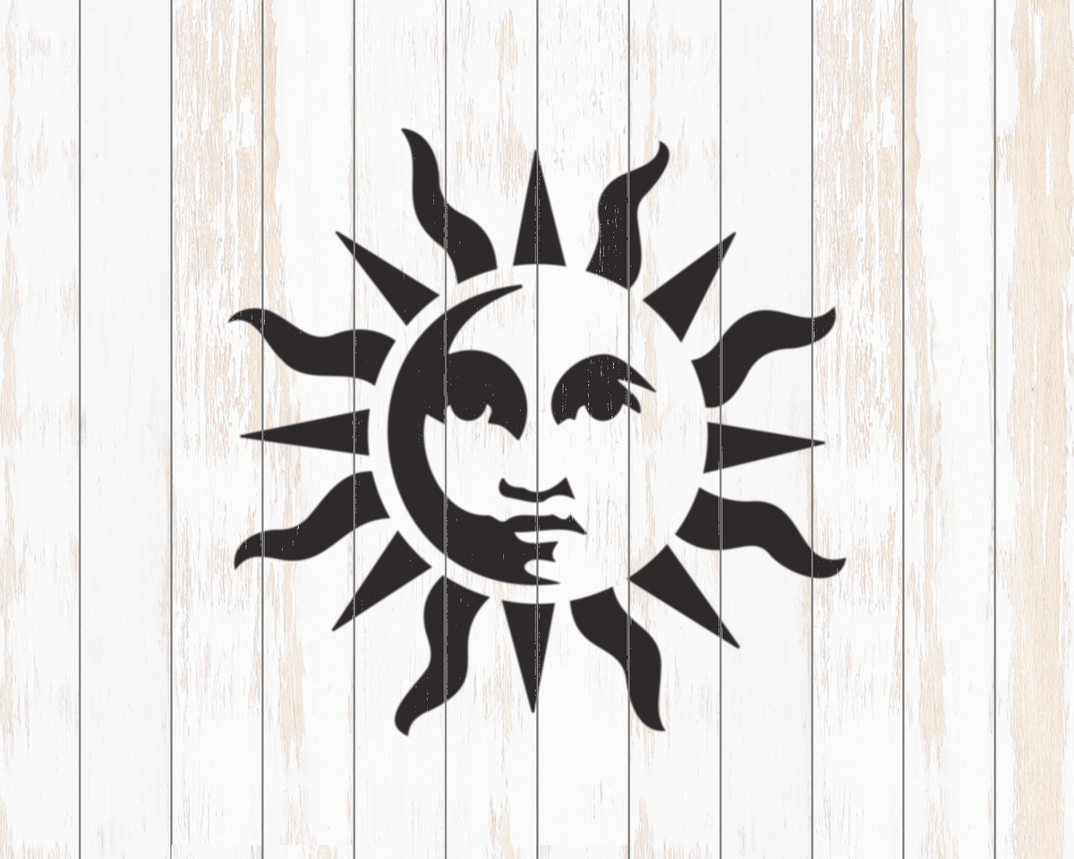 A black and white illustration of a sun with a face, resembling a sunflower or a sun-like symbol, is displayed against a white wooden background.