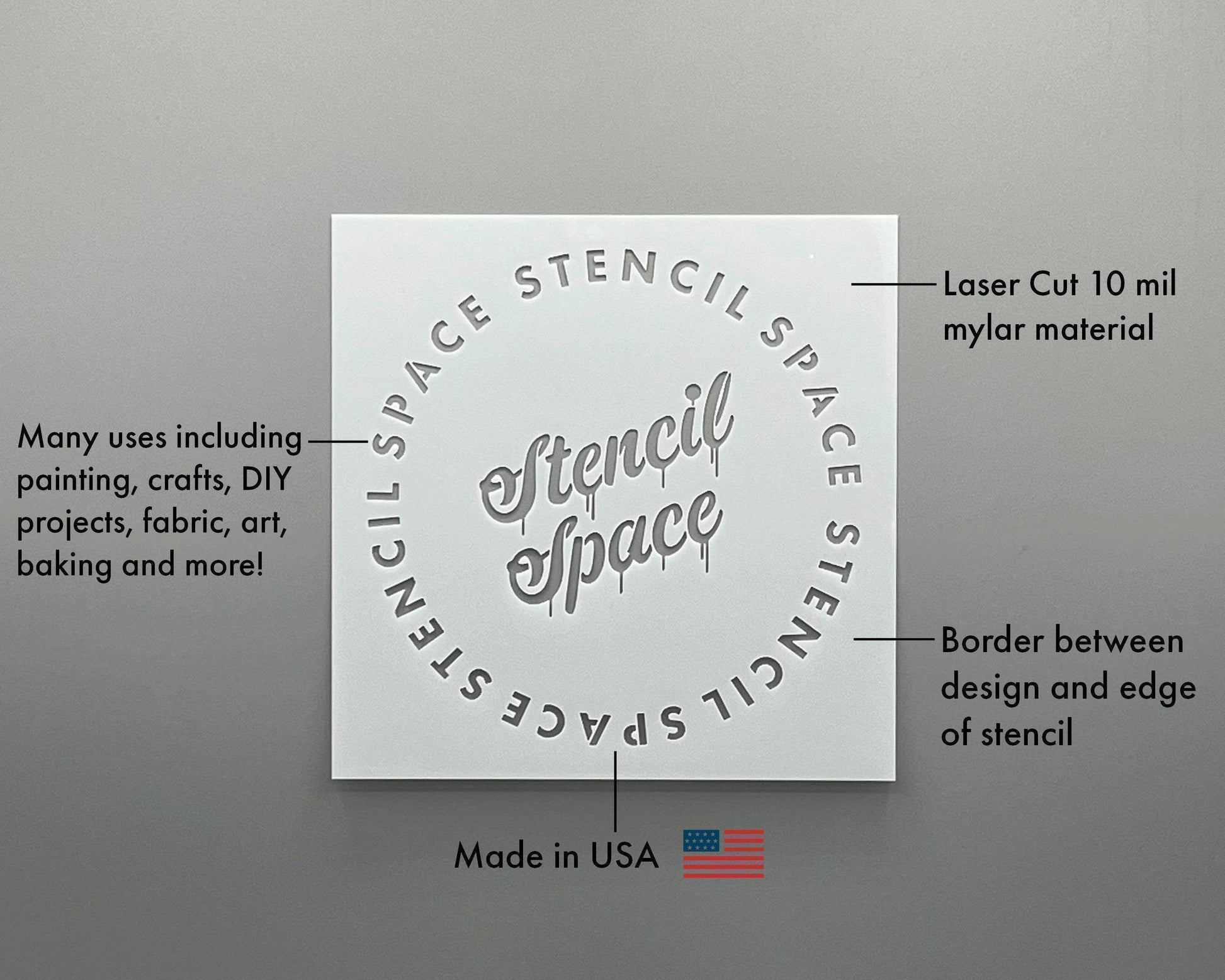 a stencil that is used for various purposes, such as painting, crafts, DIY projects, fabric, art, baking, and more. The stencil is made in the USA and has a border between the design and the edge of the stencil. The image also includes a description of the stencil, highlighting its features and uses.