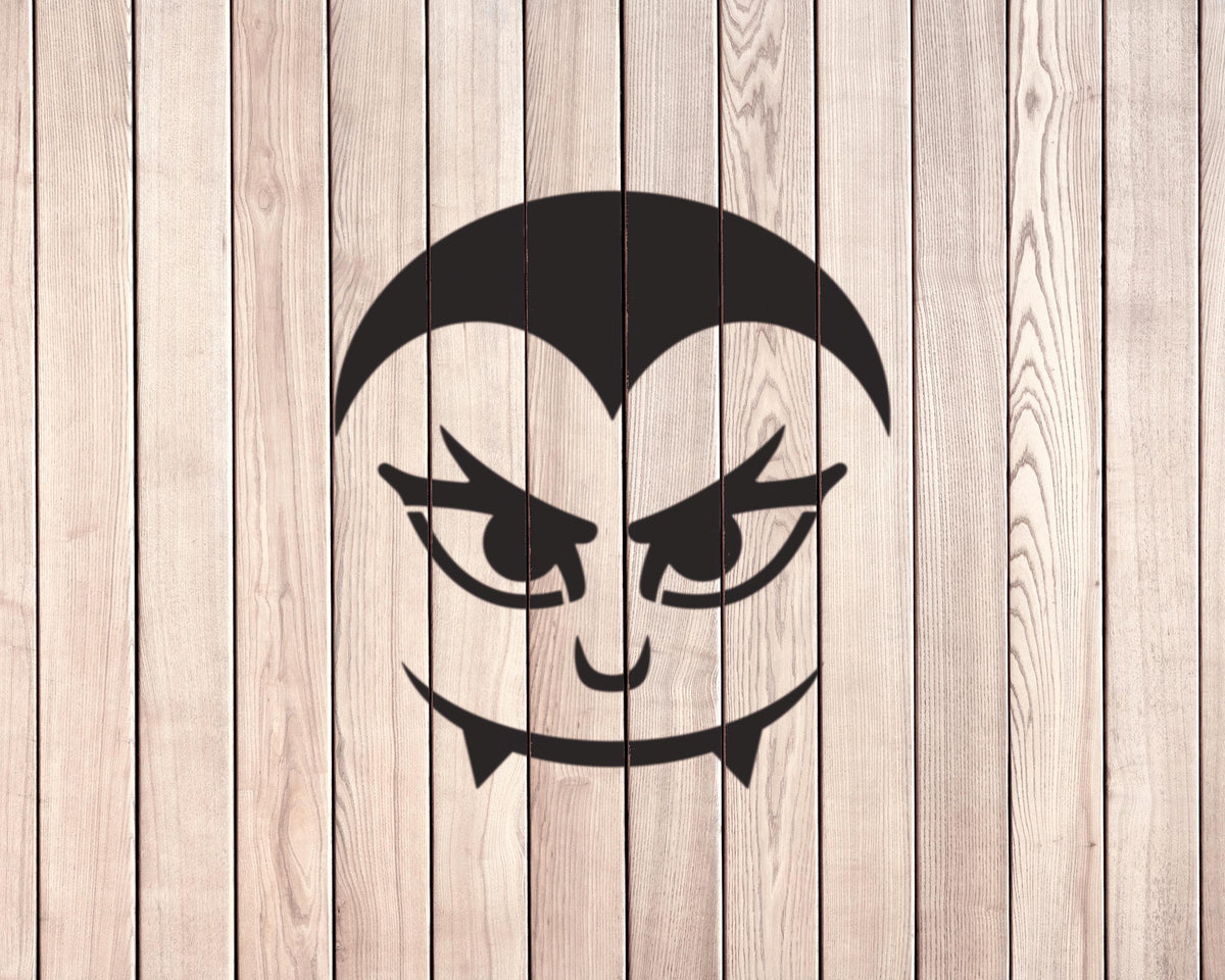 A simple black and white illustration of a vampire-like character with a wide-open mouth and sharp fangs, set against a wooden background.