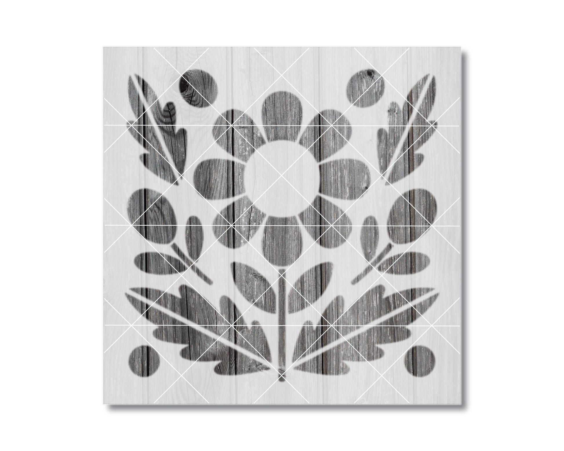 The image is a square-shaped graphic with a floral pattern and geometric shapes, including a large flower and leaves.