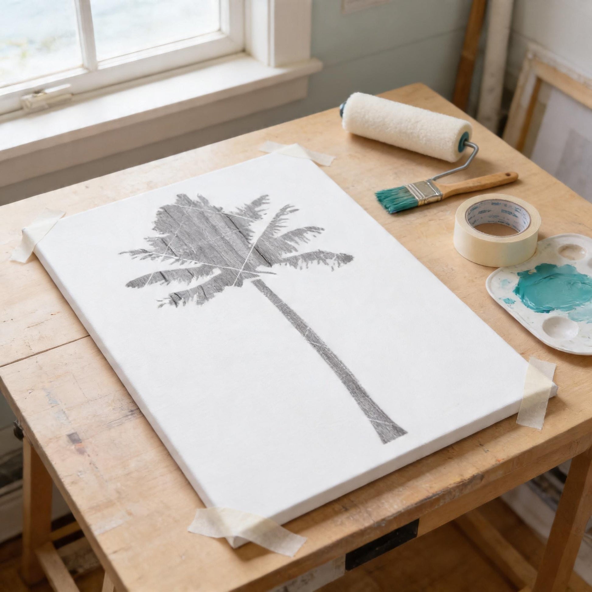 a wooden table with a white canvas displaying a black and white illustration of a palm tree, along with a paintbrush, roll of tape, and a paint palette.