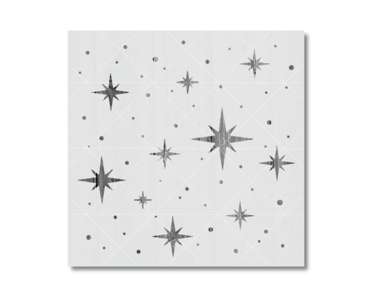 a pattern of black star-shaped designs scattered across a white background, creating a visually striking and abstract composition.