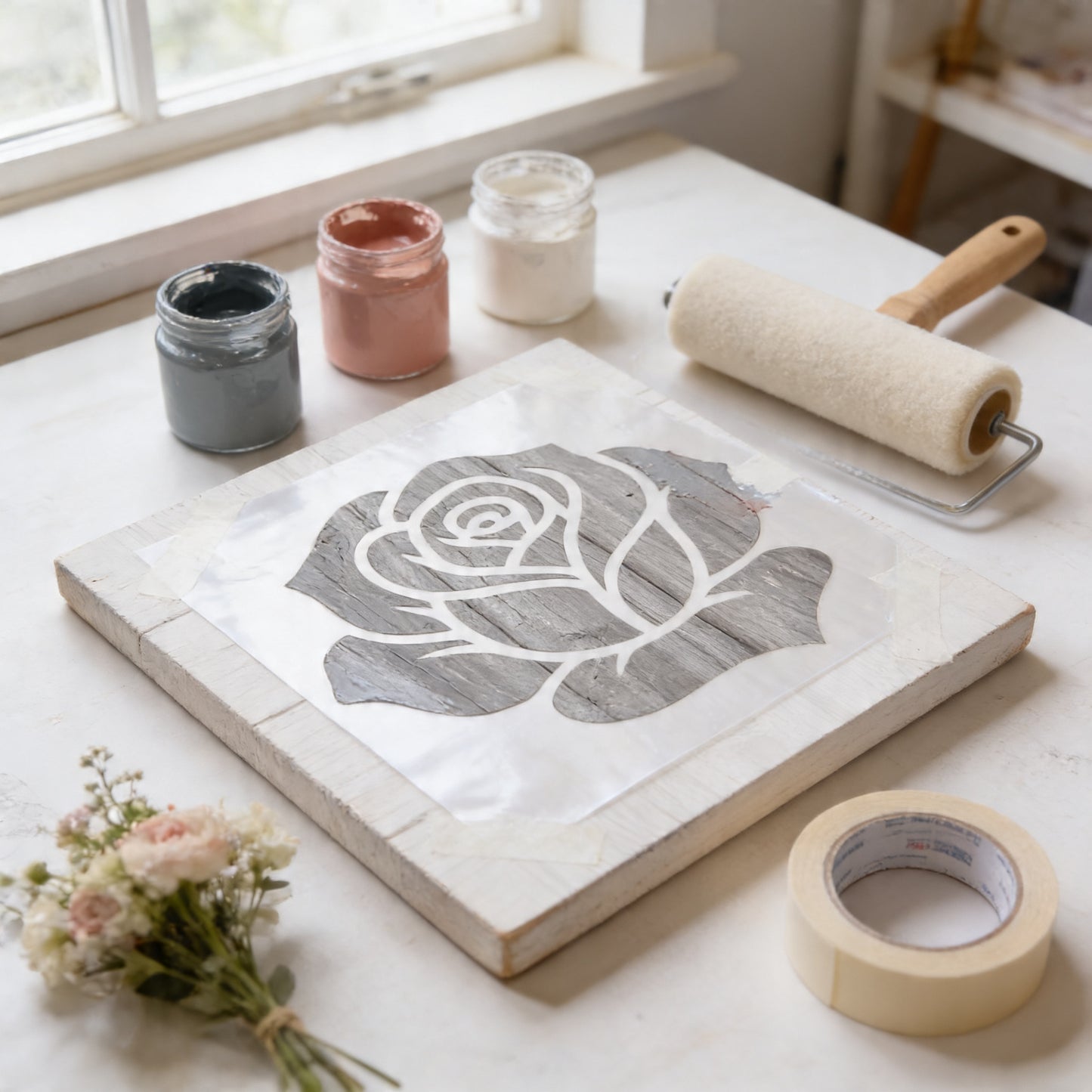 a workspace with various art supplies and materials, including a wooden board with a stencil, a roller brush, and jars of paint. There is also a bouquet of flowers on the table.