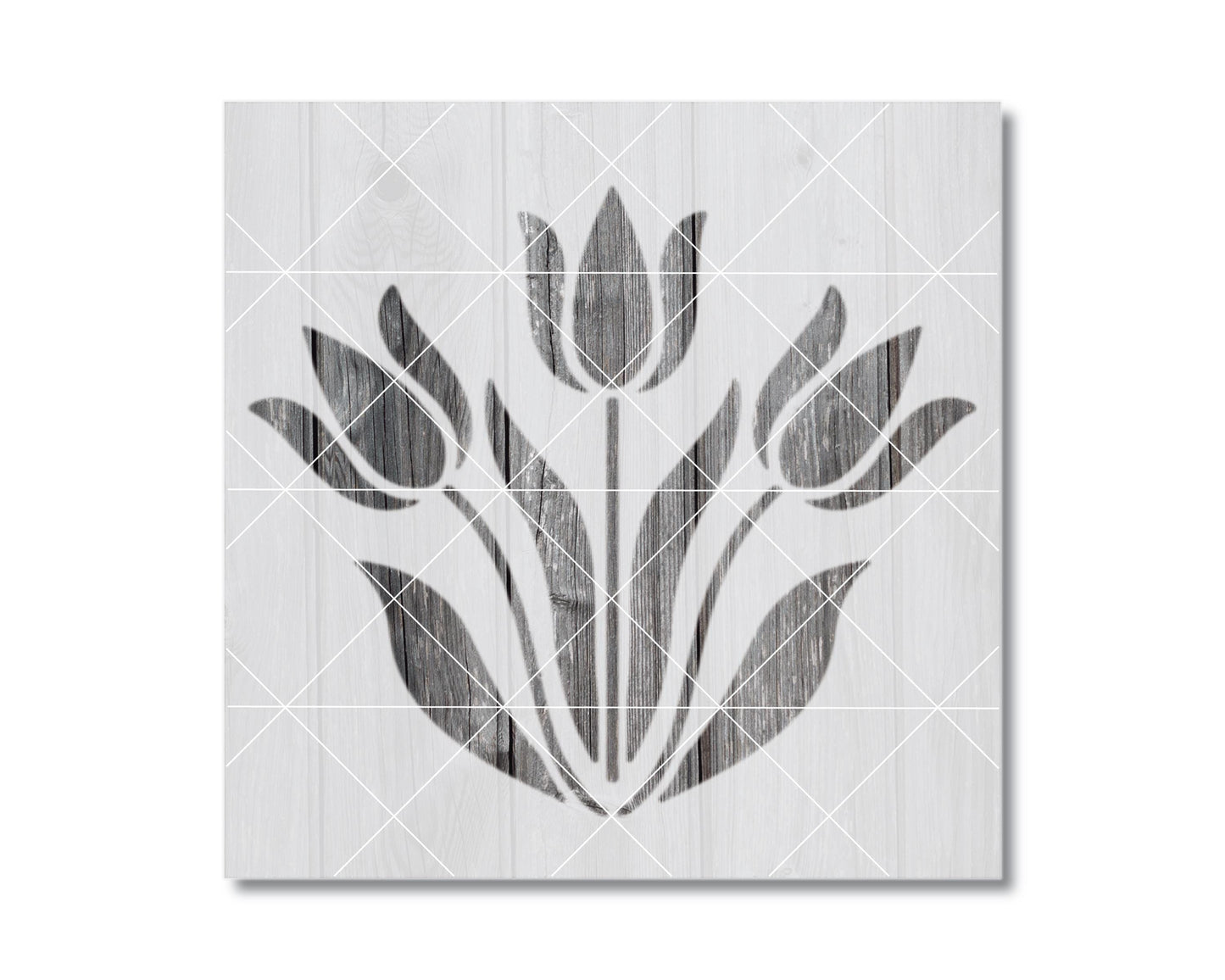 A black and white image depicting a stylized floral design with multiple tulips.