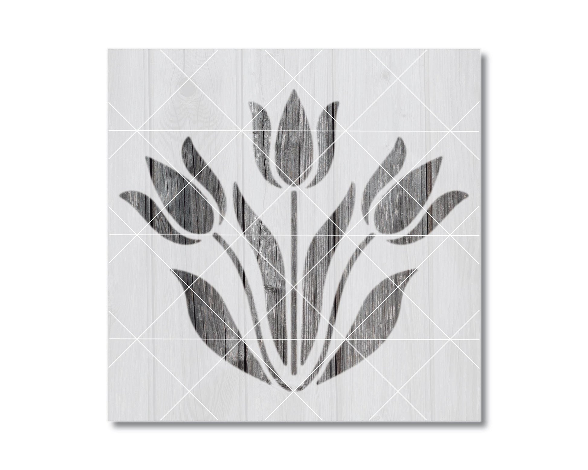 A black and white image depicting a stylized floral design with multiple tulips.