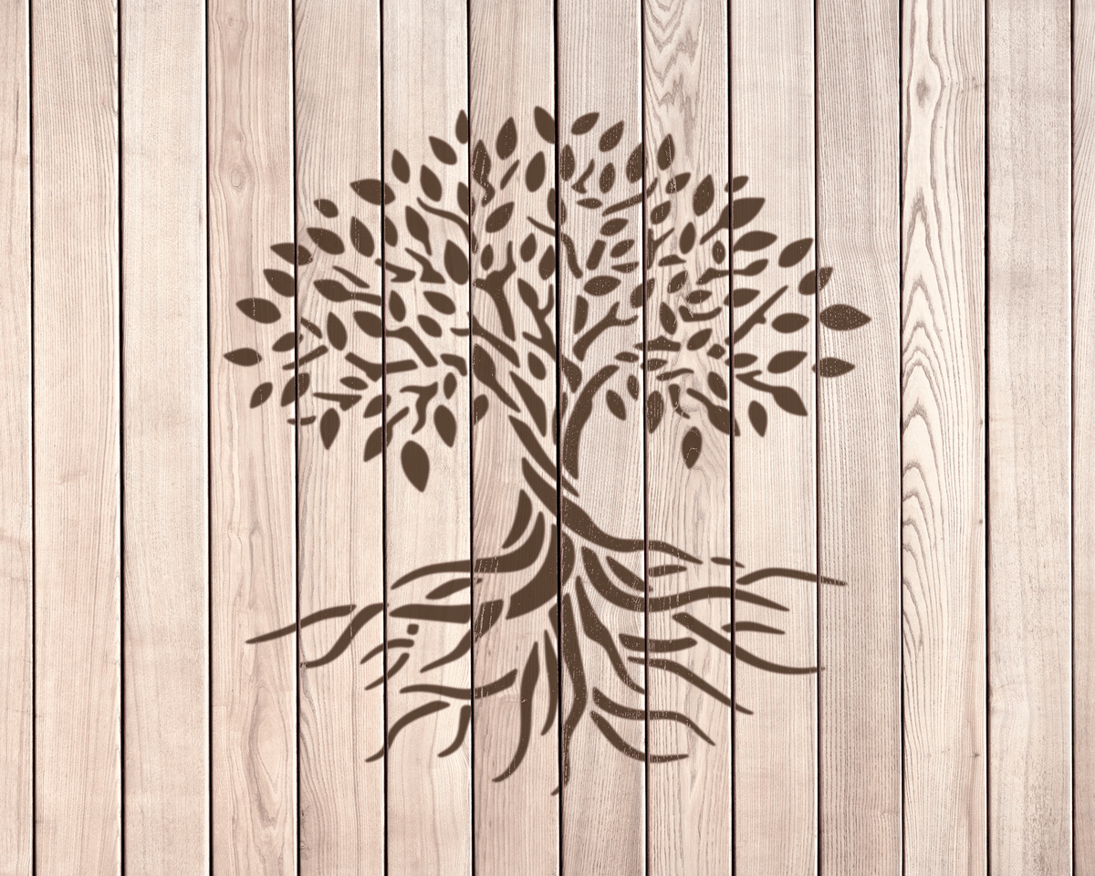 a tree with roots, depicted in a stylized manner, against a wooden background with vertical slats.