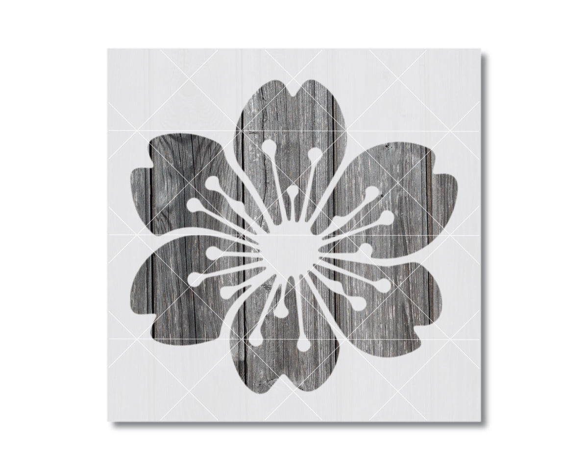 A black and white image depicting a stylized flower design with a wooden texture.
