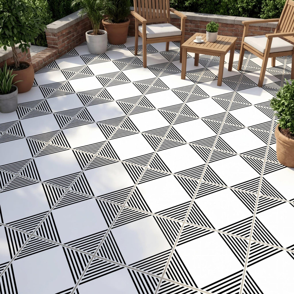 a patio area with a black and white checkered tile floor, surrounded by potted plants and wooden chairs.