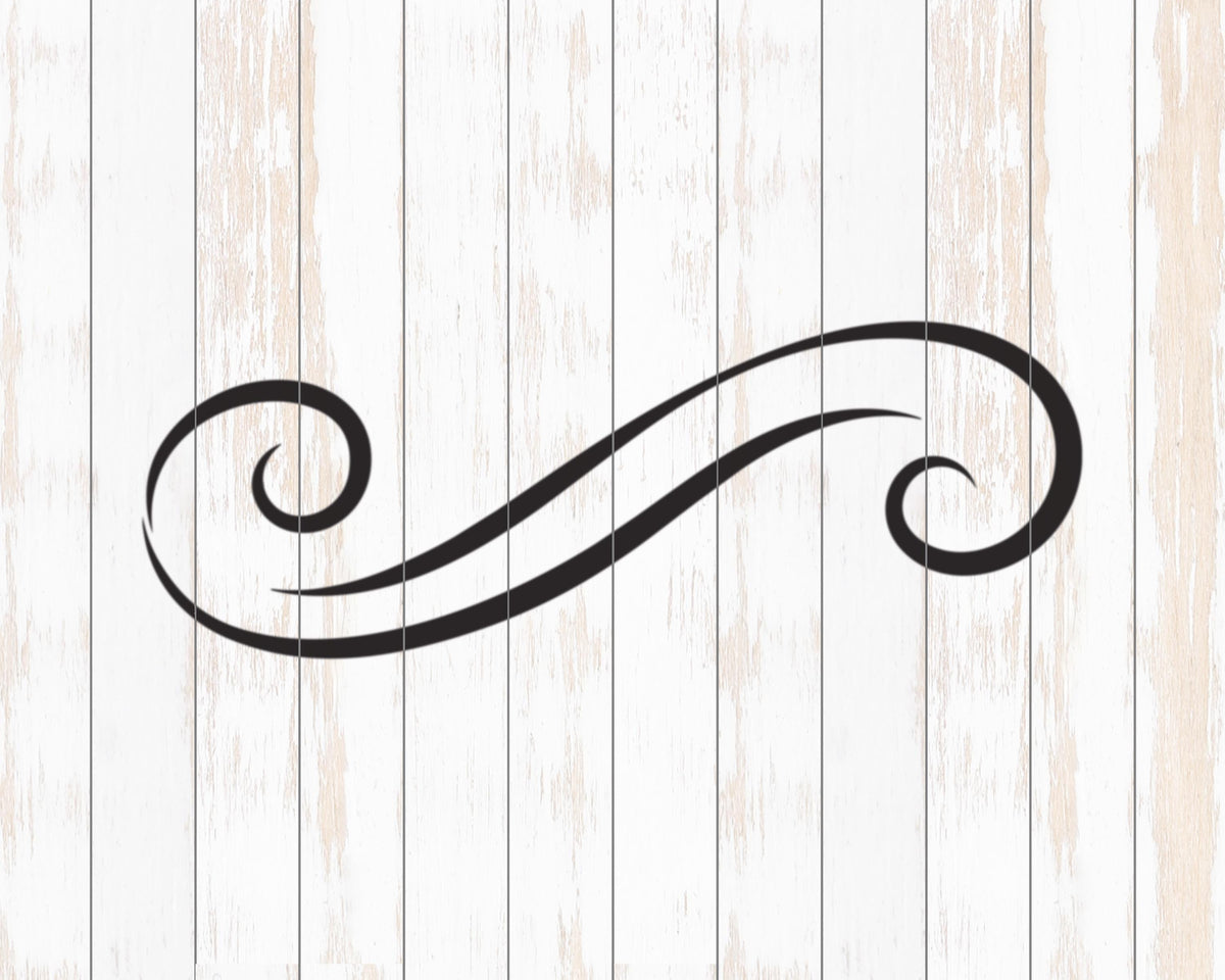 A simple black and white design resembling a swirl or wave shape is displayed against a white wooden background.