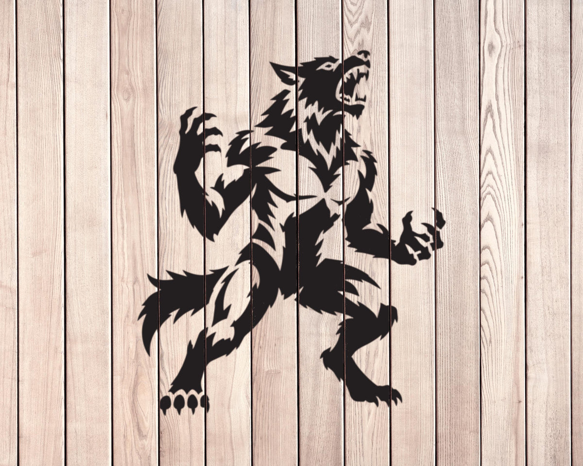 A stylized silhouette of a wolf or werewolf, with sharp teeth and claws, is depicted on a wooden background.