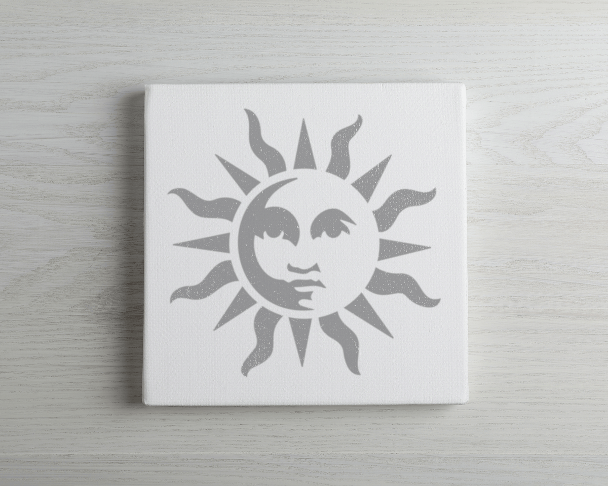 A white square canvas with a stylized sun design in grey tones.