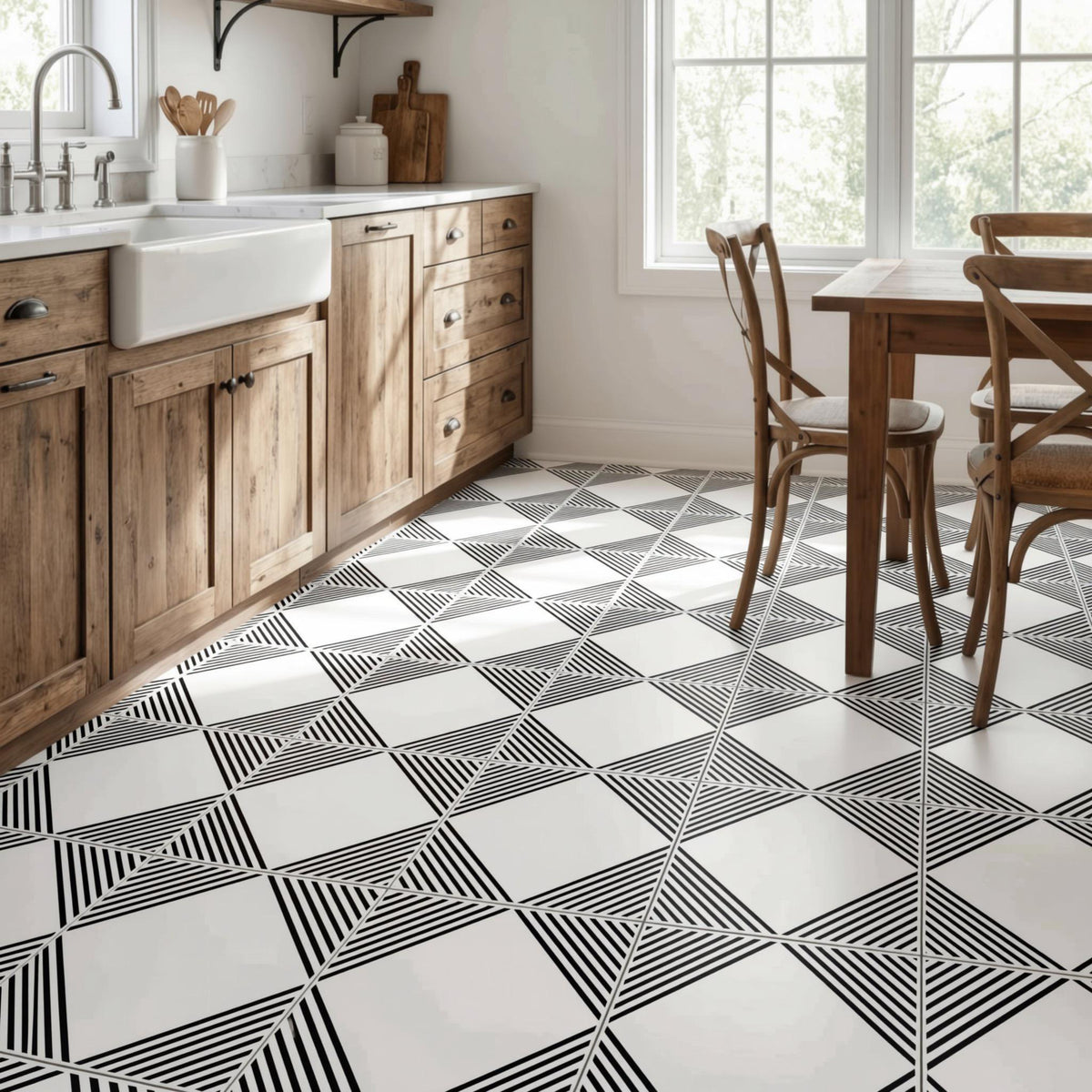 a modern kitchen with a black and white geometric tile floor, wooden cabinets, and a dining table with chairs.